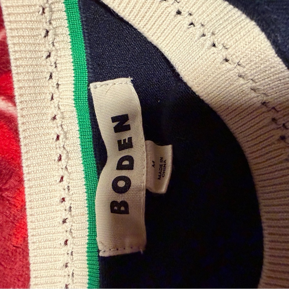Boden Navy Crewneck Sweater with Cream and Green Trim